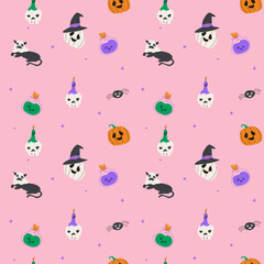 Seamless pattern with magic halloween elements hat, skull, pot, candle, bottle and pets. Wrapping texture on pink background.