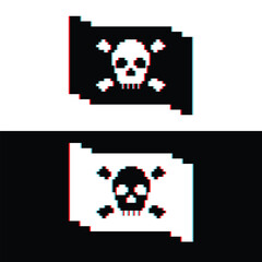 glitch Skull flag icon 8 bit, pixel pirate icon for game logo.