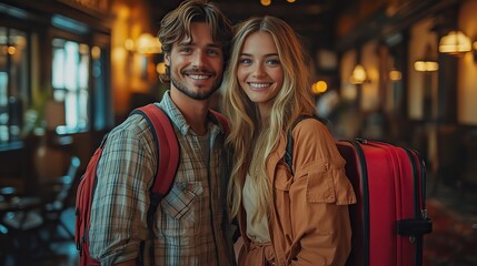Fototapeta premium young happy couple,suitcases arriving in hotel room.stock image