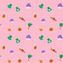 Seamless pattern with magic halloween elements hat, skull, pot, candle, bottle and pets. Wrapping texture on pink background.