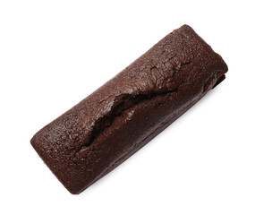 One tasty chocolate sponge cake isolated on white, top view