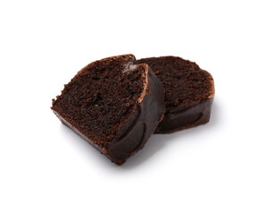 Slices of tasty chocolate sponge cake isolated on white