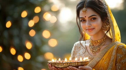 Portrait of a young Indian woman in a bright yellow bridal saree with intricate gold work and a young Indian man in a deep grey sherwani, both together holding a single big thali with diyas, Diwali