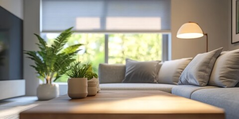 A stylish living room featuring roller blinds, cozy seating, and a touch of greenery, designed for comfort and luxury