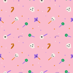 Seamless pattern with magic halloween sweets. Wrapping texture on pink background.