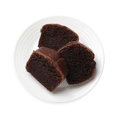 Slices of tasty chocolate sponge cake isolated on white, top view