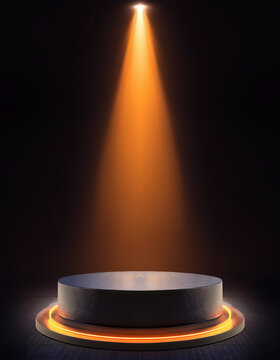 Fototapeta vertical shot of cylindrical podium and orange spotlight. 3D Rendering 