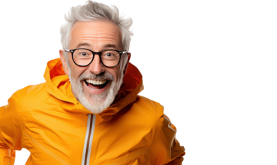 A man in a yellow jacket with glasses is smiling and looking at the camera