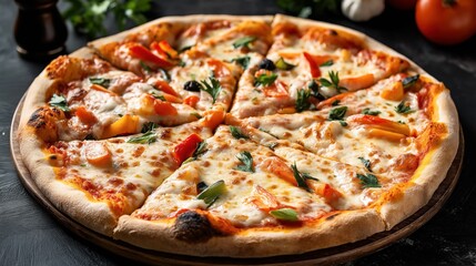 A freshly baked pizza with melted cheese, tomato slices, bell peppers, and fresh basil leaves on a wooden board with a dark background.