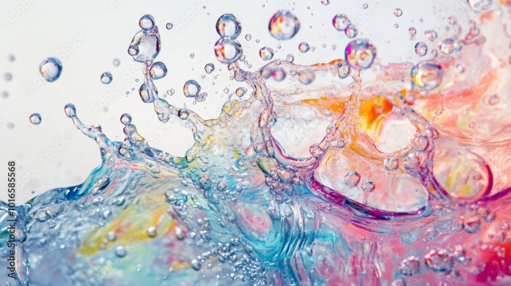 Poster A vibrant splash of water with colorful droplets, creating an artistic display of movement and texture against a light background.
