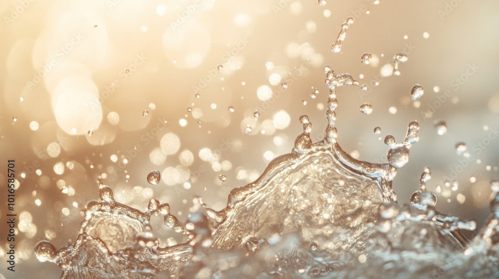 Poster a sparkling splash of water with sunlit droplets against a soft, blurred background creates a serene