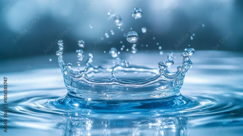Poster A close-up image of water droplets creating a splash, forming a crown-like shape on the surface, showcasing the beauty and movement of liquid dynamics.