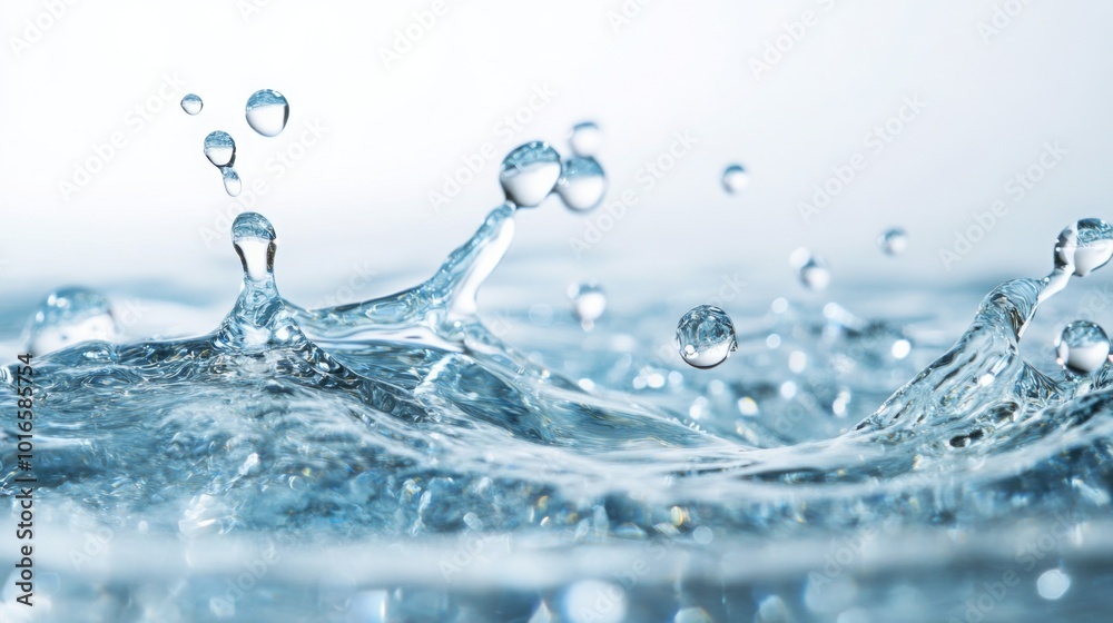 Poster a clear close-up photo of water droplets splashing and creating ripples on a surface, conveying a se