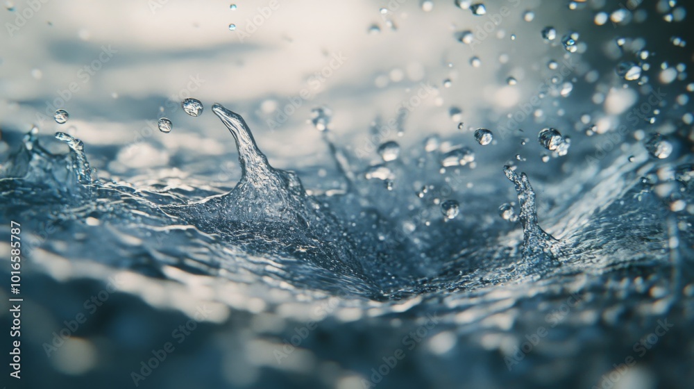 Poster **Description:** Close-up of water droplets splashing on the surface, creating ripples and reflecting light in a serene, fluid motion.