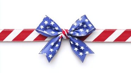 Obraz premium A vibrant blue bow adorned with white stars is tied on a striped red and white ribbon, perfect for festive decorations.