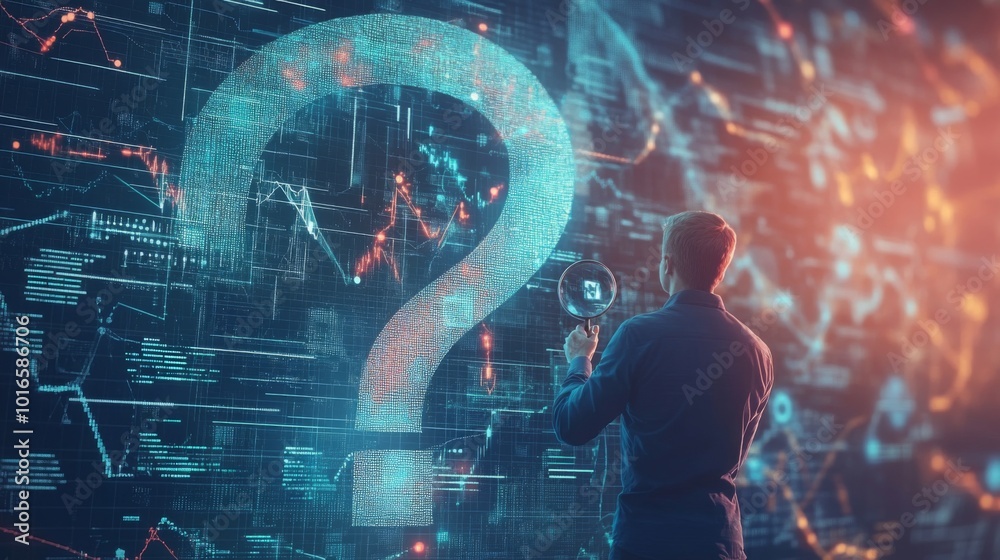 Leinwandbilder a silhouette of a person stands before a glowing question mark, surrounded by intricate digital patt