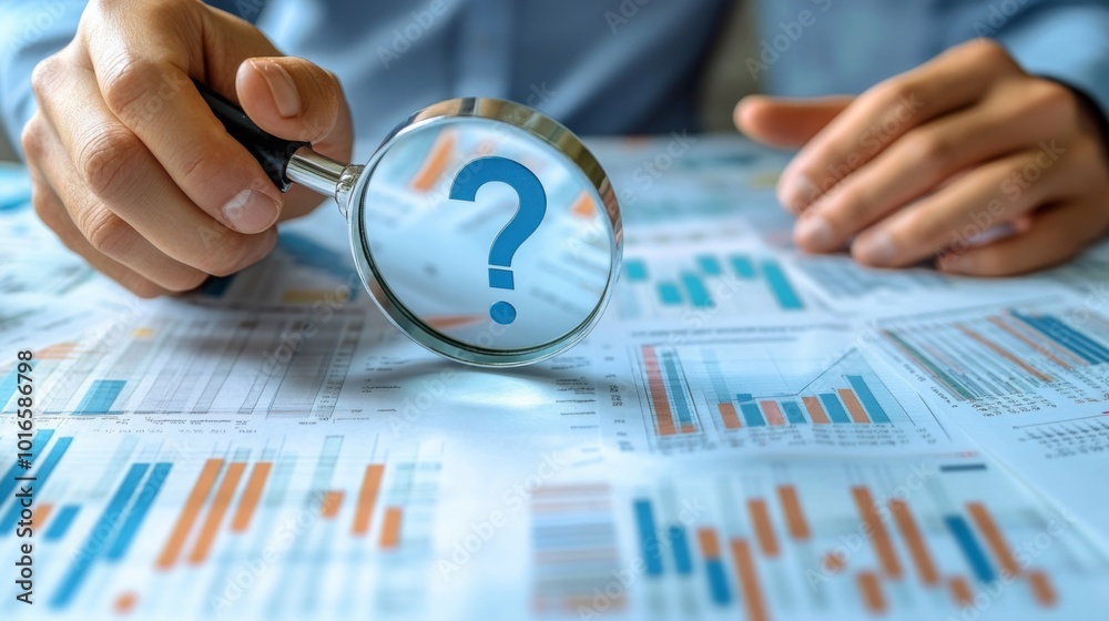Fototapete a person examining data on a document with a magnifying glass, highlighting a question mark, indicat