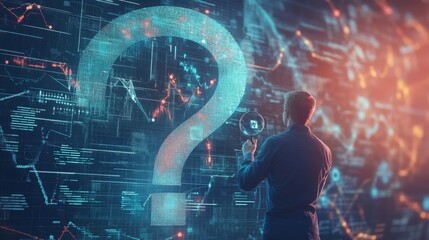 A silhouette of a person stands before a glowing question mark, surrounded by intricate digital patterns, representing inquiry and technological exploration.