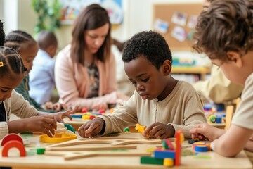 Fototapeta premium Group of children engage in creative activity at table with colorful toys. Yellow car, blue boat, red truck on table. Children interact, hold, place toys. Classroom background with bulletin board,