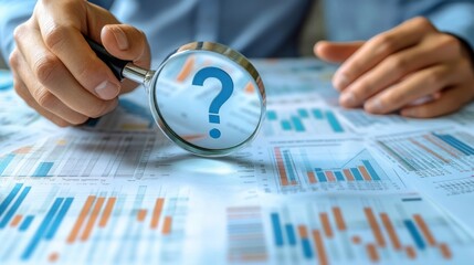 A person examining data on a document with a magnifying glass, highlighting a question mark, indicating inquiry or research.