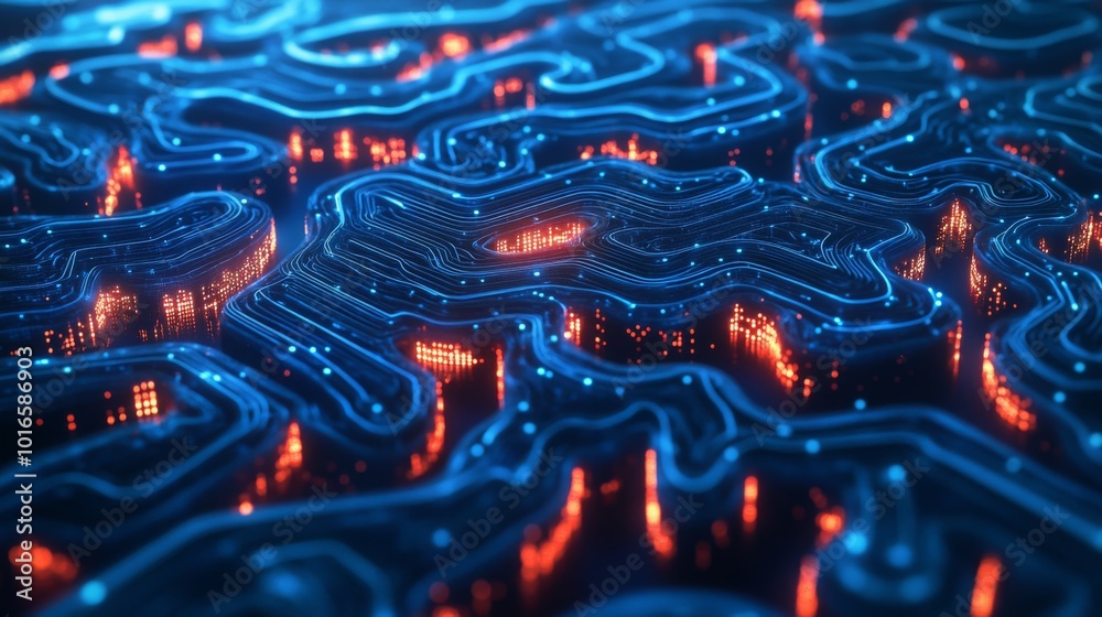 Leinwandbilder a vibrant, abstract maze of blue and orange light patterns resembling a digital circuit, evoking a s