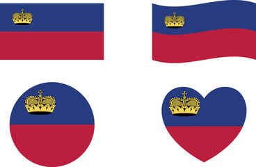 Liechtenstein flags set. Circle icon. waving flag. heart shape icon. Various designs