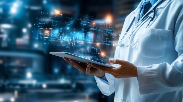 A healthcare professional holds a tablet displaying digital data, symbolizing the integration of technology in modern medicine.