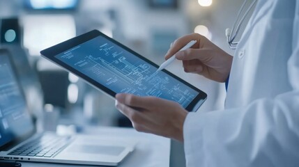 A medical professional interacts with a tablet displaying data in a clinical setting, highlighting the integration of technology in healthcare.