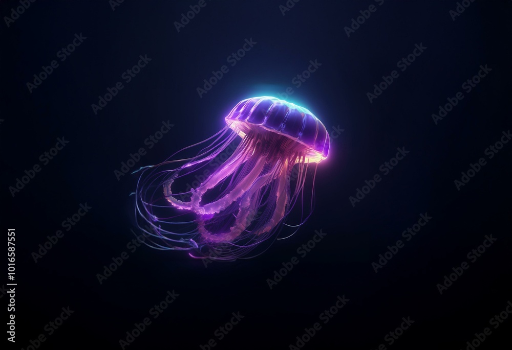 Poster a glowing jellyfish with long trailing tentacles floats against a dark background.