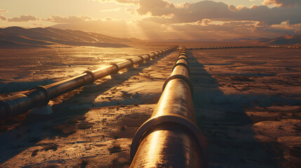 Long stretches of metal pipelines running through a barren desert, reflecting the harsh sunlight, symbolizing the journey of crude oil from extraction to processing