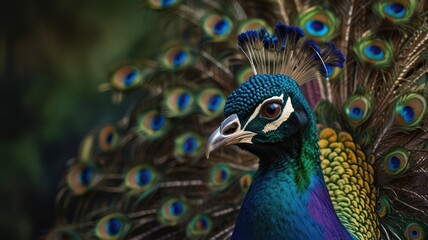 Obraz premium A close-up of a peacock's head with its colorful feathers spread out behind it.