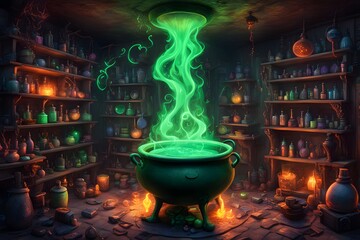 A witchs lair with a bubbling neon green cauldron glowing potions and vibrant magical symbols,Ai Generated