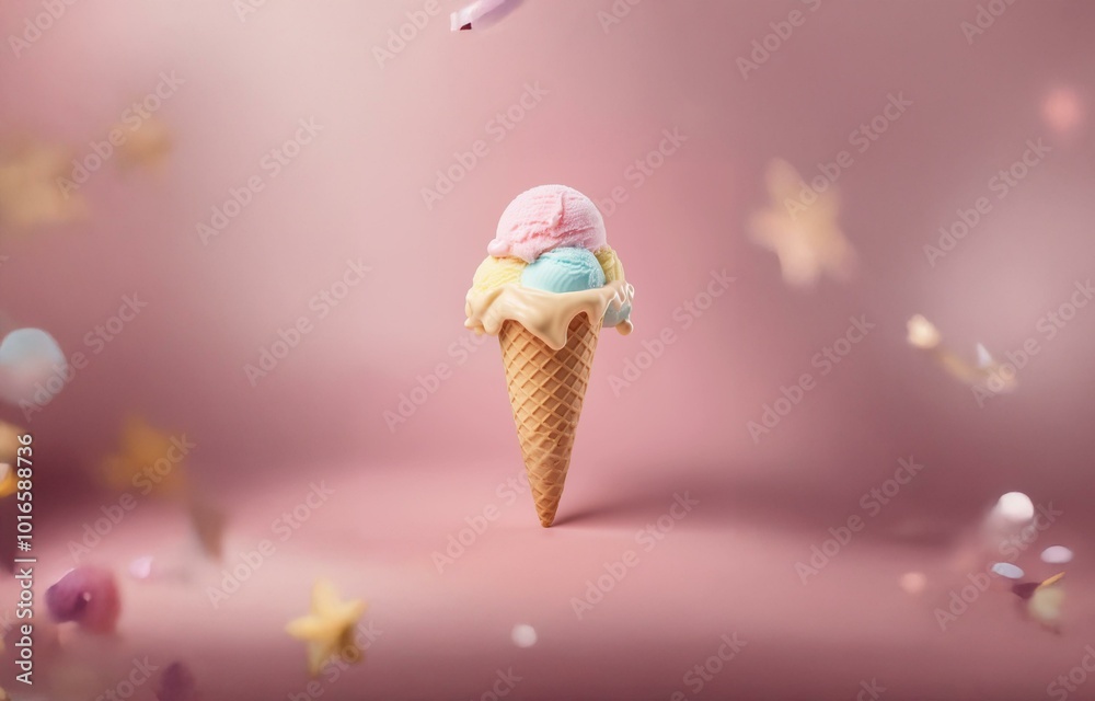 Poster three scoops of ice cream melt in a waffle cone on a pink background with confetti.