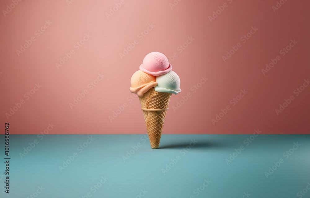 Aufkleber three scoops of ice cream in a waffle cone sit on a blue surface with a peach-colored background.