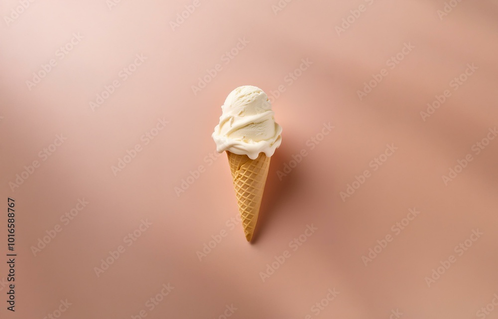 Poster a single scoop of vanilla ice cream melting in a waffle cone sits on a pink background.