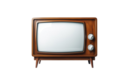 A wooden television set with a white screen