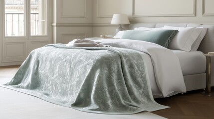 Elegant Bedroom with Soft Green Bedding and Decor