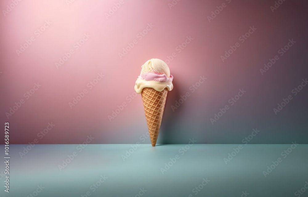 Poster a single scoop of ice cream with melting drips sits on a light blue surface in front of a pink backg