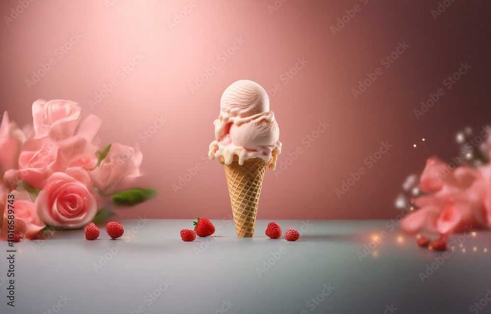 Poster a single scoop of ice cream melting in a waffle cone on a light grey table with a pink background. p