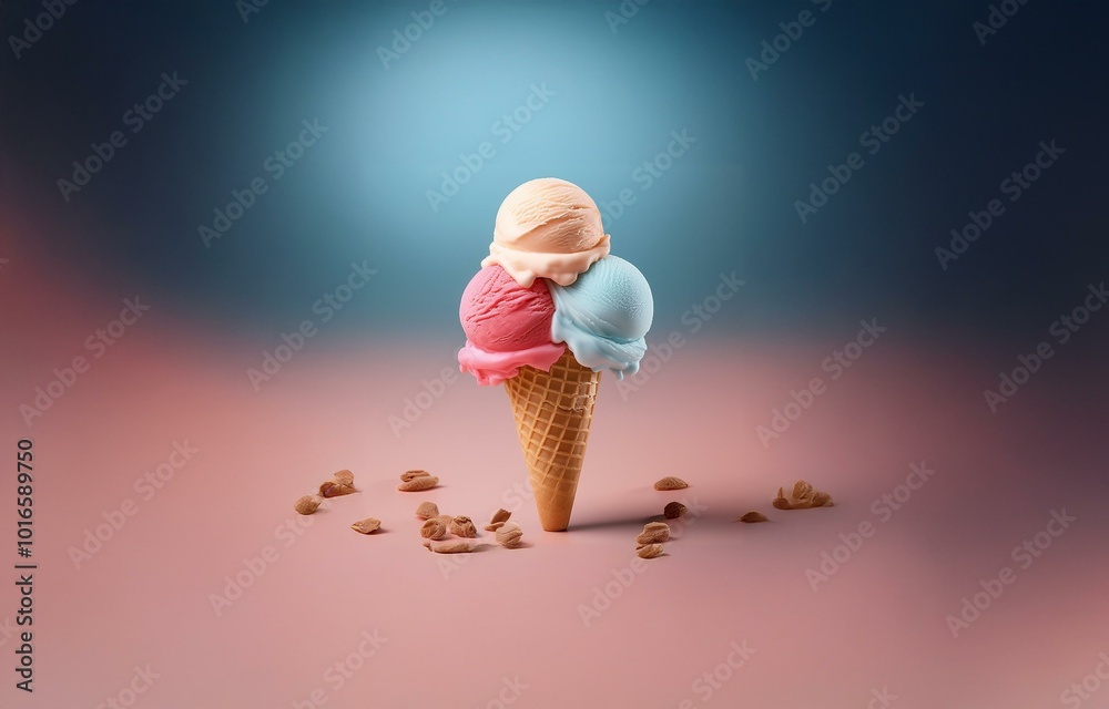Poster Three scoops of ice cream in a waffle cone on a pink background with cone pieces scattered around.