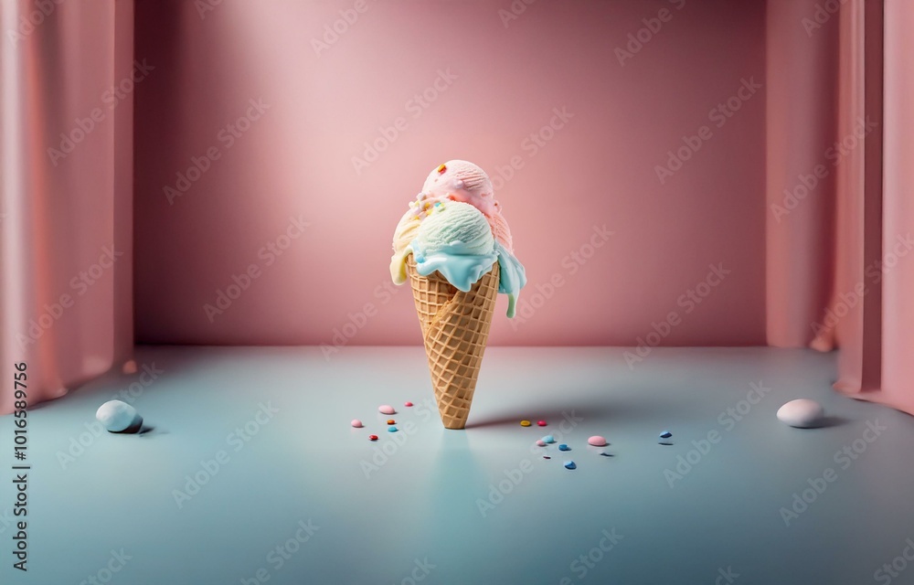 Aufkleber a melting ice cream cone with three scoops sits in a pink and blue studio with scattered sprinkles.