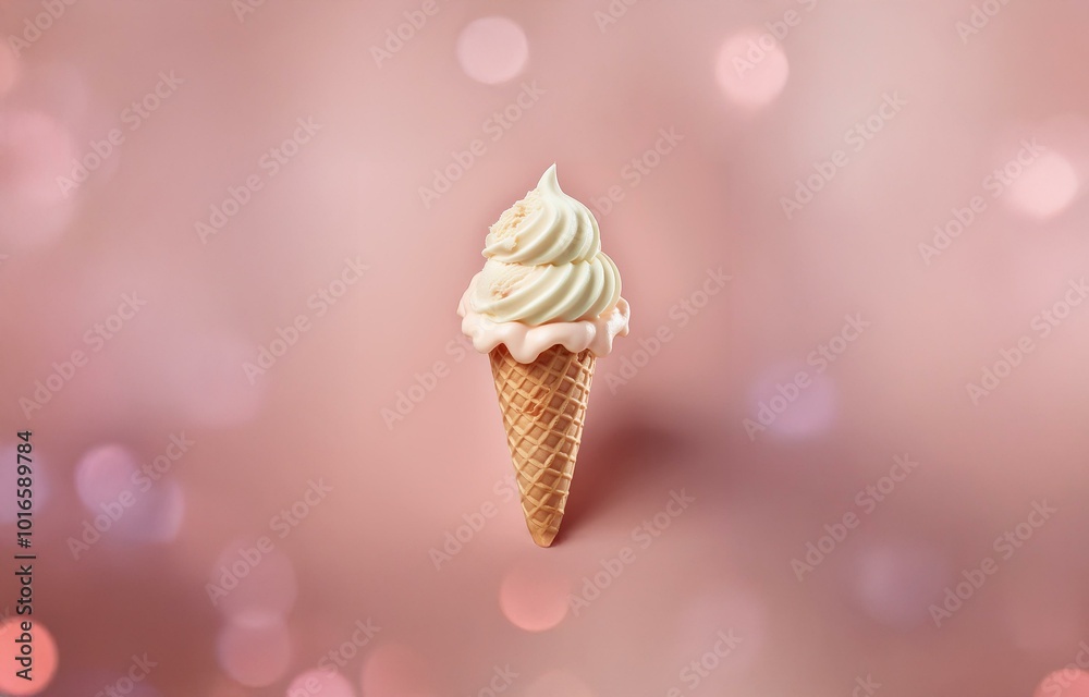 Poster A soft serve ice cream cone with a pink background and a bokeh effect.