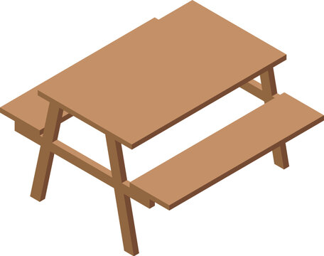 Simple wooden picnic table with attached benches on a white background, illustrating a concept of outdoor furniture