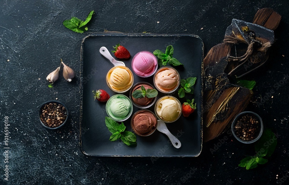 Poster assortment of colorful ice cream scoops decorated with mint and strawberries on a dark background.
