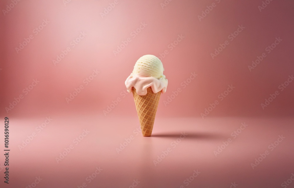 Poster a single scoop of vanilla ice cream melting in a waffle cone on a pink background.