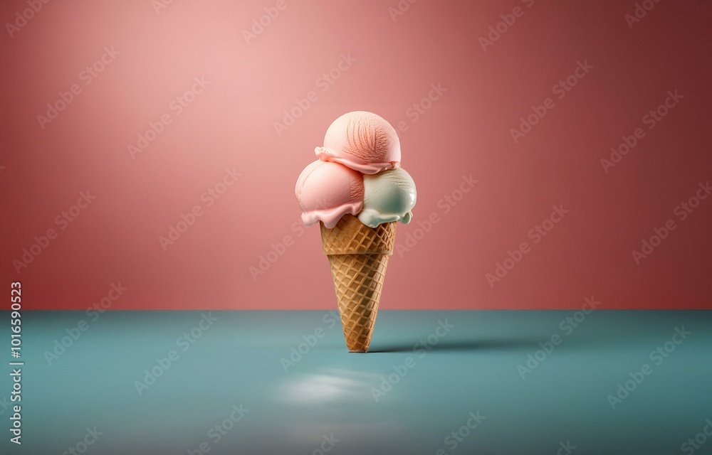 Poster Three scoops of ice cream sit atop a waffle cone on a blue surface in front of a red background.