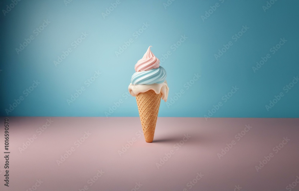 Aufkleber melting ice cream cone with pink and blue swirls sits on a pink surface in front of a blue backgroun
