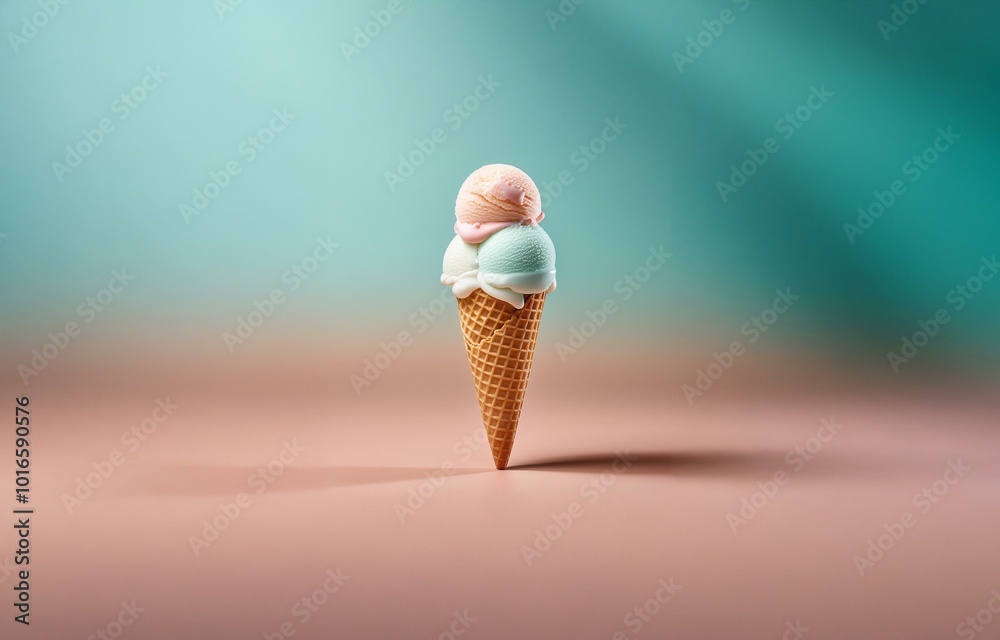 Poster a waffle cone filled with three scoops of ice cream on a pastel background.