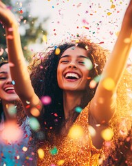 Obraz premium Joyful Friends Celebrating Outdoors with Colorful Confetti in Festive Summer Attire