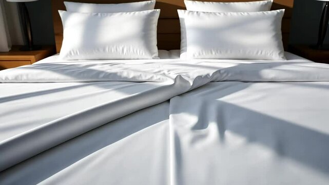 Sunlight streams across a bed while someone unfolds white sheets, gradually revealing more of the mattress in each frame